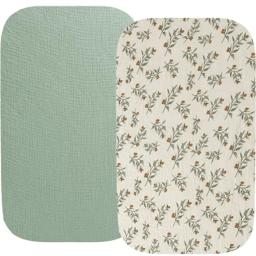 Muslin Bassinet Sheet Compatible with Baby Delight Beside Me Dreamer Bassinet, 2 Pack Cotton Stylish Boho Fitted Bassinet Sheets Super Soft for Baby Roman Green & Botanical Leaf