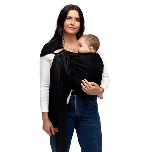 WildBird - Ring Sling Baby Carrier - 0-36 Months (up to 35 lbs) - Long (90") Raven & Gold Ring - Front, Hip or Back Carry - Adjustable Fit - Natural Linen - Baby Essentials - New Mom Gifts