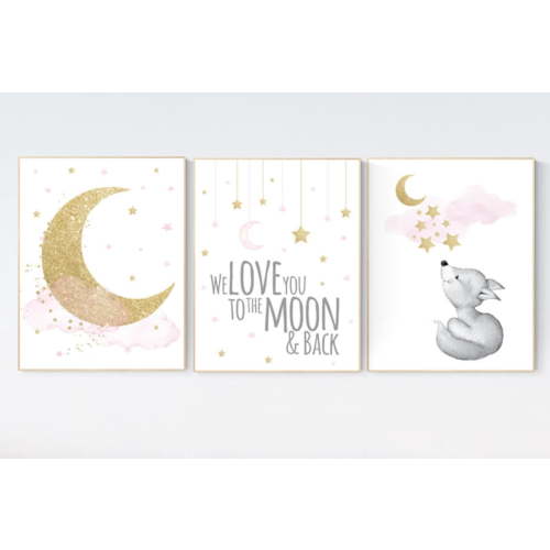 UNFFRAMED Luvia Set of 3 Pink and Gold Woodland Fox Nursery Wall Art Prints Moon and Stars Baby Room Decor for Girls Set 3 Prints 8x12