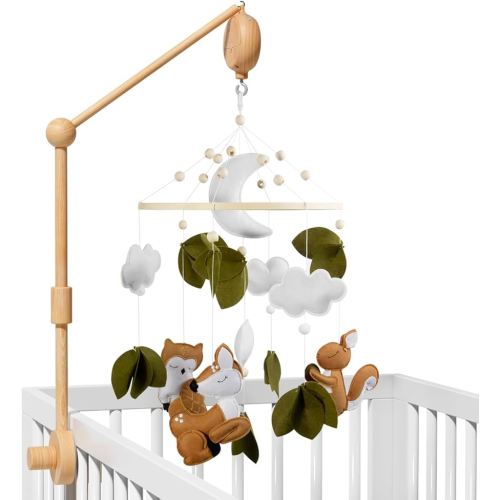 FEISIKE Woodland Animals Theme Bassinet Baby Nursery Mobiles with Modes Digital Music Box 3In1 Set-34 Inch Wooden Mobile Arm for Crib Mobile Hanger for Crib Baby Nursery Decor