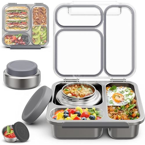 Stainless Steel Bento Box Kids Adult with 7oz Soup Thermo, Transparent Lid 3 Compartments Metal Bento Lunch Box with Insulated Food Jar,Lunch Box Container Sauce Cup for School,BPA-Free(Grey)
