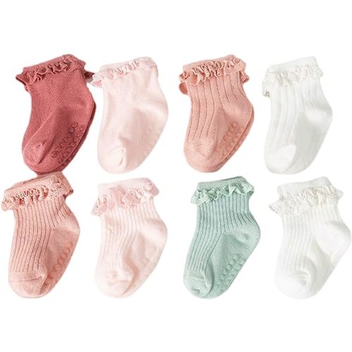 Toddler Girls Anti Slip Socks - Non Skid Frilly Ruffle Design with Grips for Baby 0-3 Years (Pack of 8)