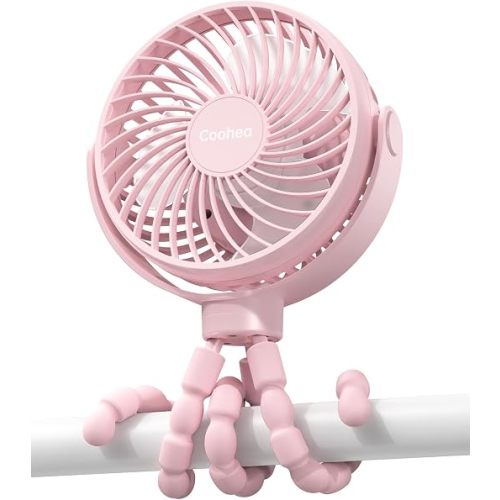 Coohea Clip on Stroller Fan, Rechargeable Long-Lasting Power Wind Fan, Pink