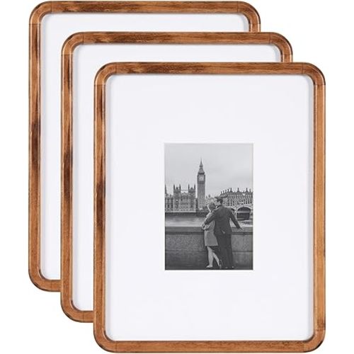 Kate and Laurel Inglewood Modern Wall Picture Frame Set of 3; 11x14 matted to 5x7; Walnut Brown; Three-Piece Frame Set for Gallery Wall Accent Set in Living Room Decor