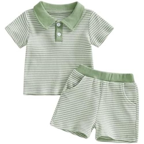 VISGOGO Baby Boy Summer Outfit Striped Short Sleeve T-shirt Toddler Boy Summer Clothes 6 12 18 Months 2 3 4 T Short Set