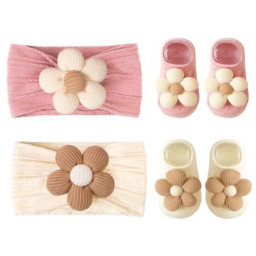 CLLOT Baby Girl Headband and Socks, Non-Slip Floral Socks and Soft Floral Nylon Hairbands for Babies Infants and Toddlers