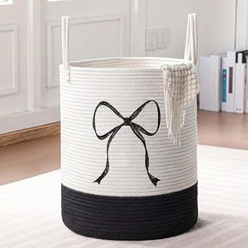Honeydak Black Laundry Basket Bow Hamper Coquette Laundry Basket Cotton Rope Hamper 15 x 17.7 Inches Toy Box Large Coquette Bow Teens Girls Room Storage for Blanket Toys Clothes Organization