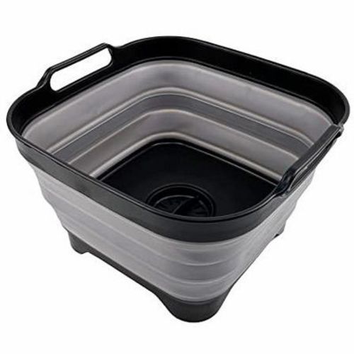 SAMMART 10L (2.64 Gallon) Collapsible Dishpan with Draining Plug, Black/Alloy Grey