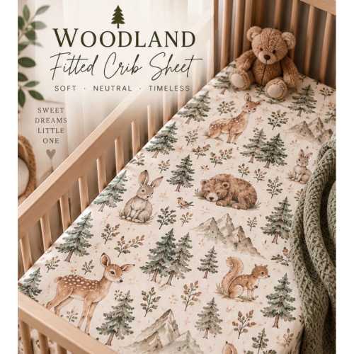 Woodland Crib Sheet, Neutral Forest Animal Baby Bedding, Deer Bear Bunny Fitted Crib Sheet, Gender Neutral Woodland Nursery Decor, Baby Show