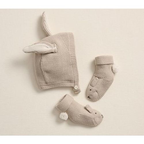 Bunny Knit Hat and Bootie Set , Oat , 0-3