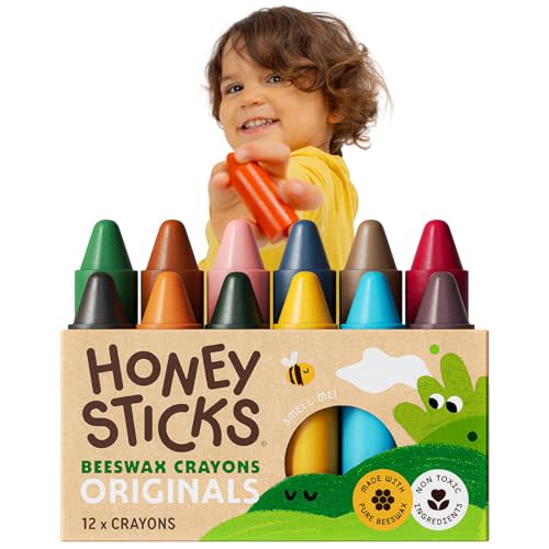Honeysticks 100% Pure Beeswax Crayons (12 Pack) - for Baby 1+, Toddlers 1-3 | Non-Toxic Crayons for Toddlers 1-3, Safe for Baby from 1 Year Old Plus, Natural Beeswax and Food-Grade Colors, Easy Grip, Eco