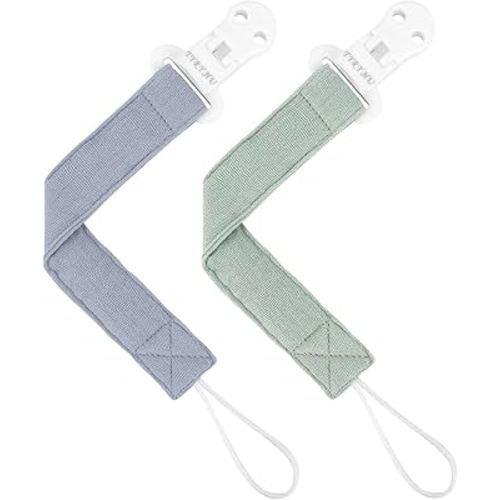 TYRY.HU Ribbon Baby Pacifier Clips Holder,2 Pack Binky Paci Holder Clips, Pacifier Leash for Baby Boys Girls,Soft Strap Lightweight Fits for Most Pacifier Teethers,Newborn Essentials,Gifts(Blue,Green)