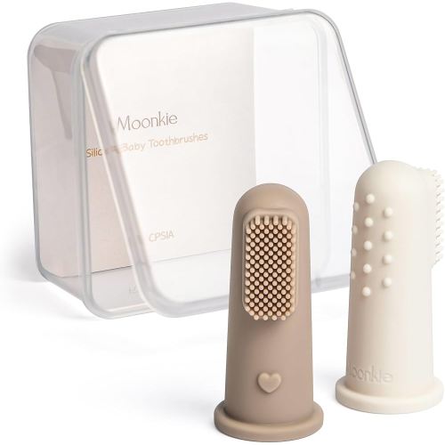 Moonkie Baby Toothbrush Finger Toothbrush Oral Cleaner Kit for 3 Months +, 2 Pcs Small (Warm Taupe/Ivory)