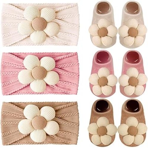 WillingTee Baby Girl Headband and Socks, Non-Slip Floral Socks and Soft Floral Nylon Hairbands for Babies Infants and Toddlers 0-12 Months