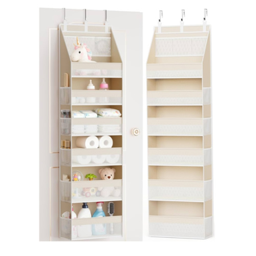 Criusia Over the Door Organizer, 6-Shelf Closet Hanging Storage with 13 Mesh Pockets, 55lbs Capacity Behind the Door Storage for Baby Nursery, Bathroom, Bedroom, and Dorm, Beige