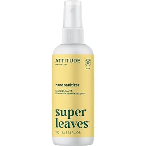 ATTITUDE Hand Sanitizer Spray for Adults and Kids, EWG Verified, Kills Bacteria and Germs, Vegan, Lemon Leaves, 3.38 Fl Oz (Spray Bottle)