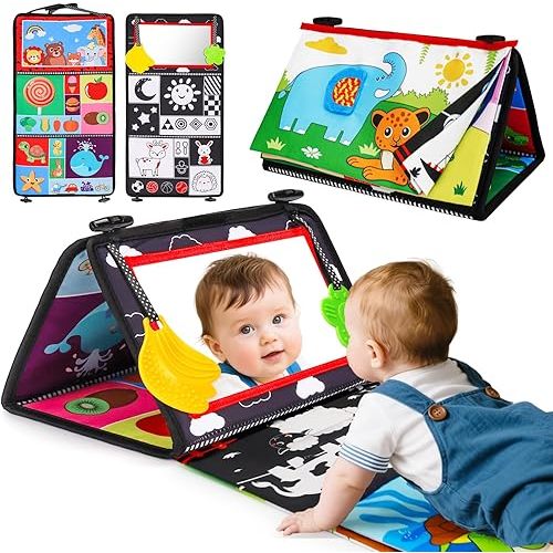 Baby Mirror Tummy Time Toys 0-6 Months with Crinkle Cloth Books Infant High Contrast Newborn Sensory Black and White Toy for 0-3 4 5 6 Months Must Haves Babies 3-6 6-12 Month Boy Girl Shower Gifts