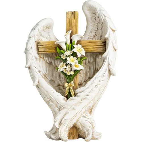 12" Angel Wings Embracing Cross and Calla Lily Garden Statue Memorial Statue