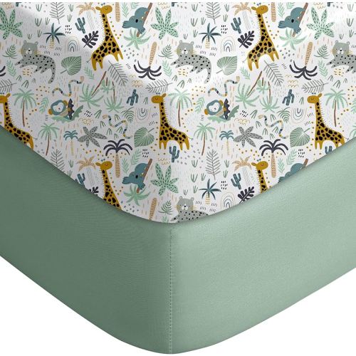 Yoofoss Pack and Play Sheets Fitted, Mini Crib Sheets 2-Pack for Pack N Play Mattress, Stretchy Playard Sheet, Soft and Breathable Green+Giraff
