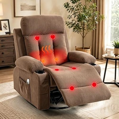 360 Swivel Rocking Chair, Rocker Recliner with Vibration Massage and Heat, Ergonomic Lounge Chair with Rocking Function, Side Pocket, Cup Holders, Soft Breathable Fabric, Brown