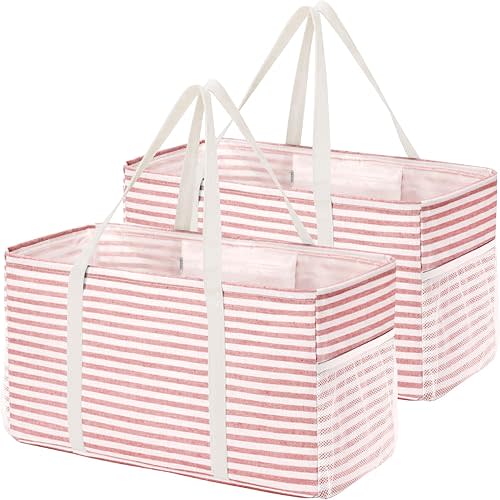 Lifewit Extra Large Tote Bag, Reusable Grocery Bags with Metal Wire Frame and Handles, Standing Utility Foldable Shopping Bags for Storage, Picnics, Beach, Pool, Laundry, Car, Camping, 2 Packs, Pink