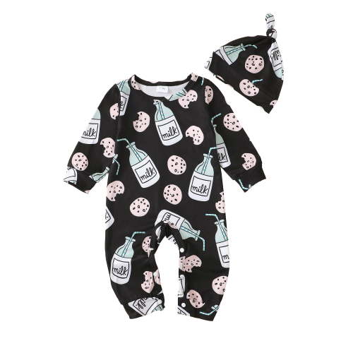 Kucnuzki Newborn Baby Boys Bodysuits 3-6 Months Fall Winter Clothes Round Neck Long Sleeves Romper Milk Cookie Print Jumpsuit with Hat Black