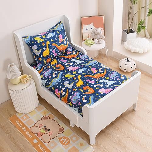Soft Bed Fitted Sheet and Pillowcases Set,2PC Dinosaur Printed Bed Sheets for Kids Boys Twin Size Bed (Navy Blue Dino, Twin)