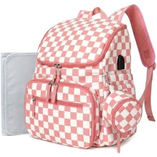 FHELAD Checkered Diaper Bag Backpack with Changing Pad & Stroller Clips