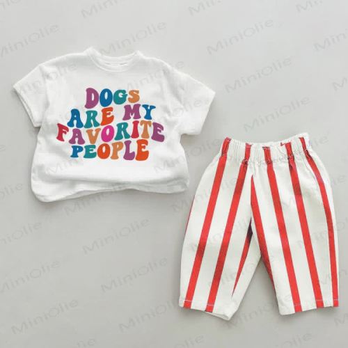 DOGS ARE MY FAVORITE PEOPLE Baby Red Vertical Striped 2-piece Set