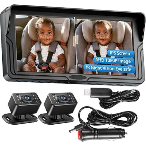 Dual Baby Car Camera for 2 Kids - 6.86 Inch IPS AHD 1080P Split Screen Monitor with 2 Backseat Cameras, Cigarette Lighter & USB Powered, IR Night Vision, 360° Rotatable, Rear-Facing Mirror