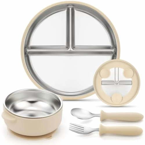 Stainless Steel Kids Plates and Bowls with Suction,4 Pcs Kids Dinnerware Set Including Spoon,Fork,Divided Toddler Suction Plates and Suction Bowls