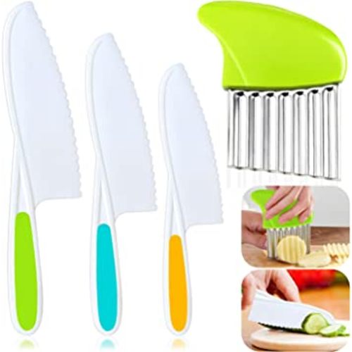 4 Pcs Kids Knife Set, Nylon Kitchen Knife with Crinkle Cutter, Serrated Edges Plastic Toddler Chef Knife for Real Cooking & Cutting Fruit Bread