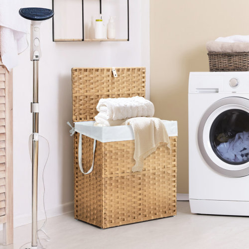 Winston Porter Wicker Laundry Hamper with Lid, 90L/110L Storage Capacity Wicker Clothes Basket with Handle and Removeable Liner & Reviews | Wayfair