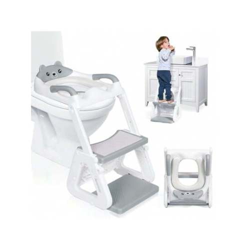 2-IN-1 Potty Training Toilet Seat With Step Stool For Toddler, Stability Training Potty Seat For Kids Boys Girls With Splash Guard And Anti-Slip Pad, Adjustable Ladder & Potty Seat Height, Grey