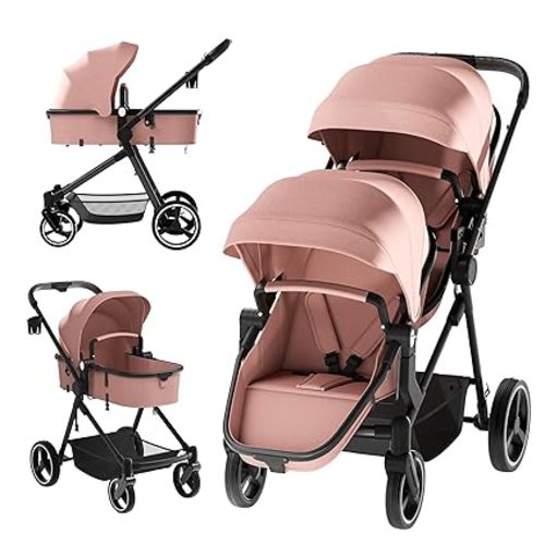 Double Stroller for Twins and Toddlers, Lightweight Aluminum Foldable Twin Stroller with Adjustable Backrest, Reversible Seat, 5-Point Harness, Storage Basket (Pink)