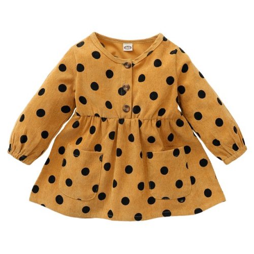 Infant Baby Girl Clothes Baby Girl Dress Long Sleeve Round Neckline Dress Yellow Polka Dots Dress Baby Girl Fall Clothes 6-9 Months