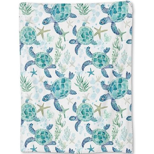 Sea Turtle Blanket - Cute Blue and Green Hues Fleece Throw,Gifts for Kids Girls Boys, Soft & Warm,Lightweight, for Modern Ocean Beach Decor, Marine Life Lovers, and Room Home Accents 40x50in
