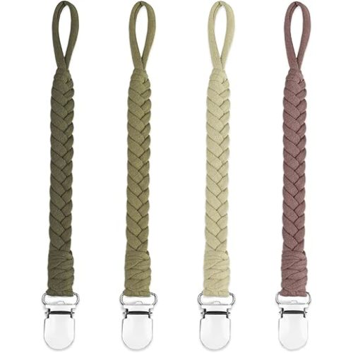 4 Pcs Pacifier Clip, Pacifier Clips for Boys & Baby Girls Pacifier Holder Clip Binky Clips Braided 100% Handmade Fits All Pacifiers(Green, 4 Pack)