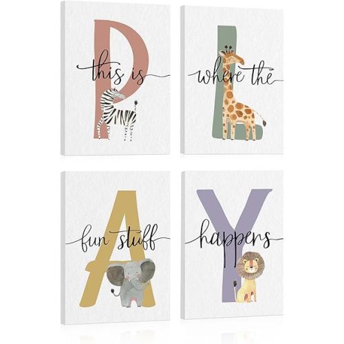 This is Where The Fun Stuff Happens Kids Playroom Wall Art: Inspirational Quotes Prints Posters Children Nursery Bedroom Wall Decor,Safari Animal Picture Boho Classroom Decor(8x12inch,Set of 4)