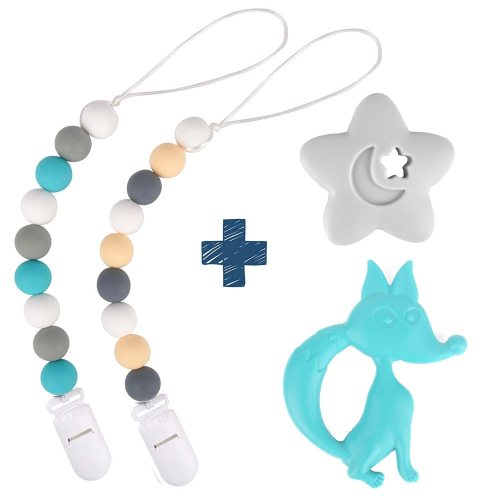 Dodo Babies Silicone Bead Pacifier Clip & Teething Toy Set – Two Universal Holder Paci Leashes Fits Most Binky Brands Plus Two Teethers – Turquoise and White – Great Shower Gift for Baby Girl or Boy