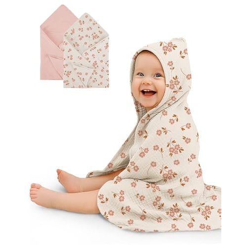 Wimist Hooded Baby Towels 2 Pack, Muslin Baby Bath Towels with Hood for Newborn Infant and Toddler, Soft Breathable & Absorbent, 32" x 32" (Floral & Pink, Heavyweight)