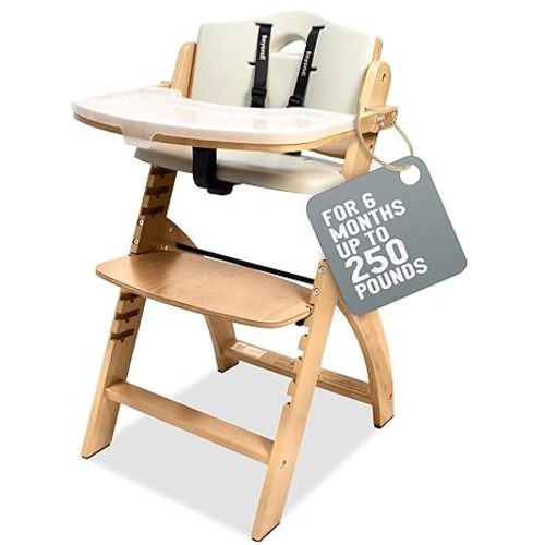 Abiie Beyond Junior Convertible Wooden High Chairs for Babies & Toddlers. 3-in-1 Adjustable High Chair with Removable Tray, Easy to Clean, Portable. 6 Mos. up to 250 Lb. Natural Wood/Dove Grey Cushion - 1 Count (Pack of 1) - Natural Wood - Dove Grey Cushi