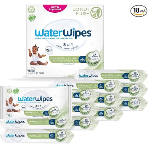 WaterWipes Sensitive+ Baby & Toddler Wipes, 3-In-1 Cleans, Cares, Protects, 99.9% Water, Textured Clean, Unscented & Hypoallergenic, 1080 Count (18 Packs)