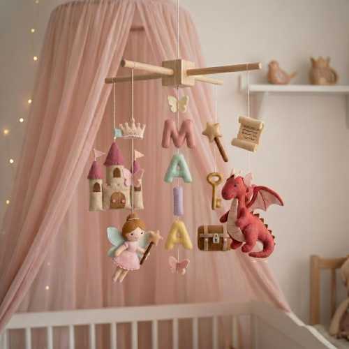 Personalized Princess Baby Mobile, Fantasy Dragon Crib Toy, Custom Name Fairytale Nursery Decor, Baby Girl Shower Gift, First Birthday Idea
