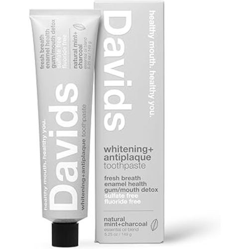 Davids Charcoal Toothpaste for Enhanced Teeth Whitening, Peppermint, Antiplaque, Flouride Free, SLS Free, Enamel Safe, Recyclable Metal Tube, 5.25oz