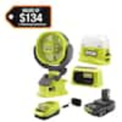 RYOBI ONE+ 18V Cordless 3-Tool Campers Kit with Area Light, Bluetooth Speaker, 4 in. Clamp Fan, 1.5 Ah Battery, and Charger PCL1303K1