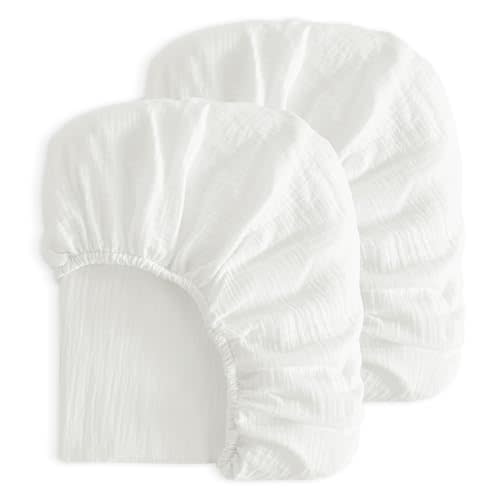 NTBAY Crib Muslin Fitted Sheets, 2 Pack, 28 x 52, White | Double-layer Muslin Cotton Sheets with Full Elastic for Compatible 28 x 52 Inch Standard Crib Mattresses, 2 Fitted Sheets