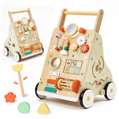 Wooden Baby Push Walker for 1 Year Old, Montessori Wood Walking Toy | with Adjustable Speed and Silent Rubber Wheels, 9-in-1 Activity Center Gift for Babies 12 Months+