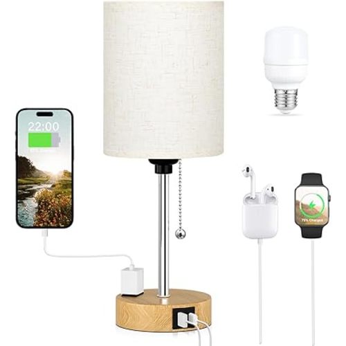 Small Bedside Lamp for Bedroom Nightstand - Table Lamp with USB C and A Port, Pull Chain Bed Lamps with AC Outlet, Wood Base Night Stand Lights for Kids Reading, Desk Lamp for Living Room/Dorm Room