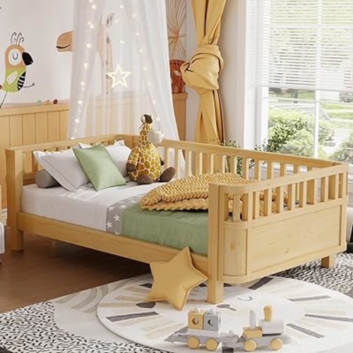 Twin Size Montessori Bed, Low Profile Kids Bed Frames for Kids with Rails, Twin Day Bed for Girls & Boys, No Spring Box Required, No Squeaks, Natural